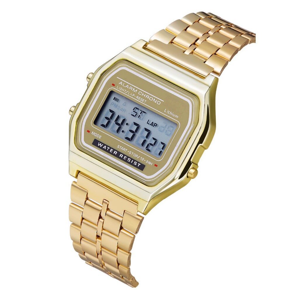 Fashion Casual 12/24 Hour LED Display Countdown Stopwatch Steel Strap Waterproof Women Digital Watch