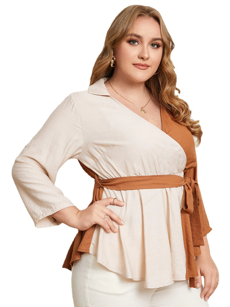 Plus Size V-neck Belt Design Patchwork Blouse
