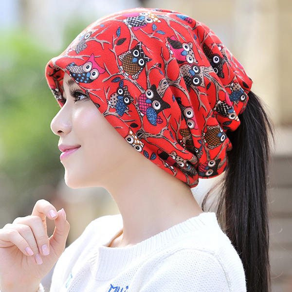 Women's Owl Pattern Slouchy Beanie Cap & Scarf, Multi-Function, Double Layer, Windproof, Warm Hat