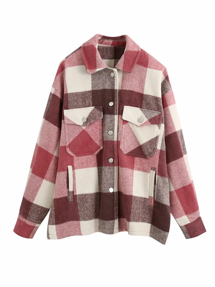 Women Plaid Button Front Lapel Long Sleeve Casual Coats With Multi Pocket