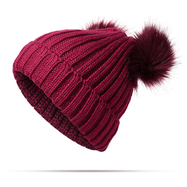 Women's Knitted Winter Beanie with Pom Pom - Warm, Soft Fur Ball Cap