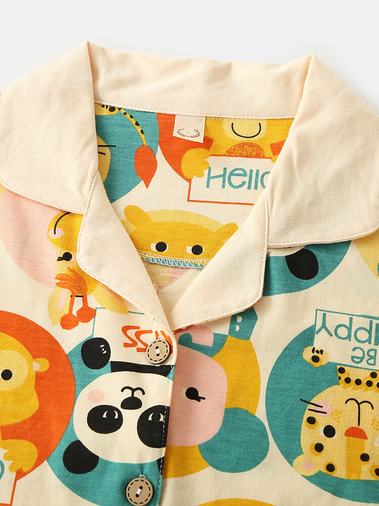 Women's Cartoon Animal Print Cotton Pajama Set - Button Up, Long Sleeve, Elastic Waist