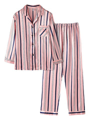Women's Striped Camp Collar Long Sleeve Faux Silk Pajama Set - Cozy & Elastic Waist