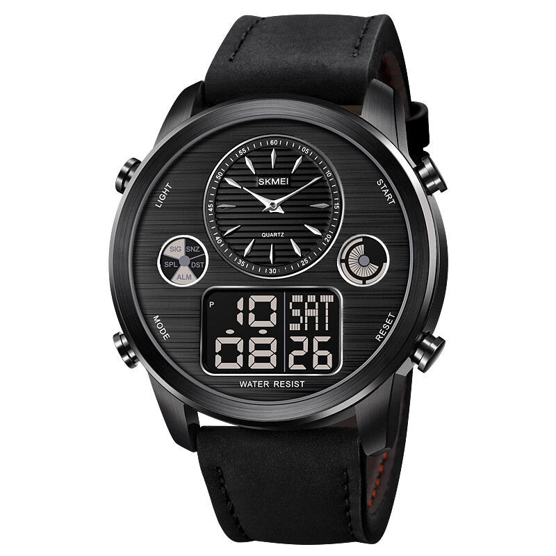 Men Digital Watch Date Week Luminous Display Stopwatch Countdown Leather Strap Dual Display Watch