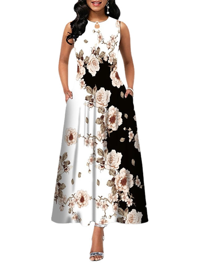 Women's Sleeveless Floral Crew Neck Casual Loose Fit Long Dress With Pocket