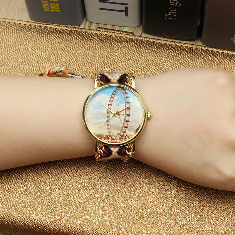 Custom Folk Style Women Watch Ferris Wheel Alloy Case Knitted Fabric Strap Casual Retro Quartz Wrist Watch