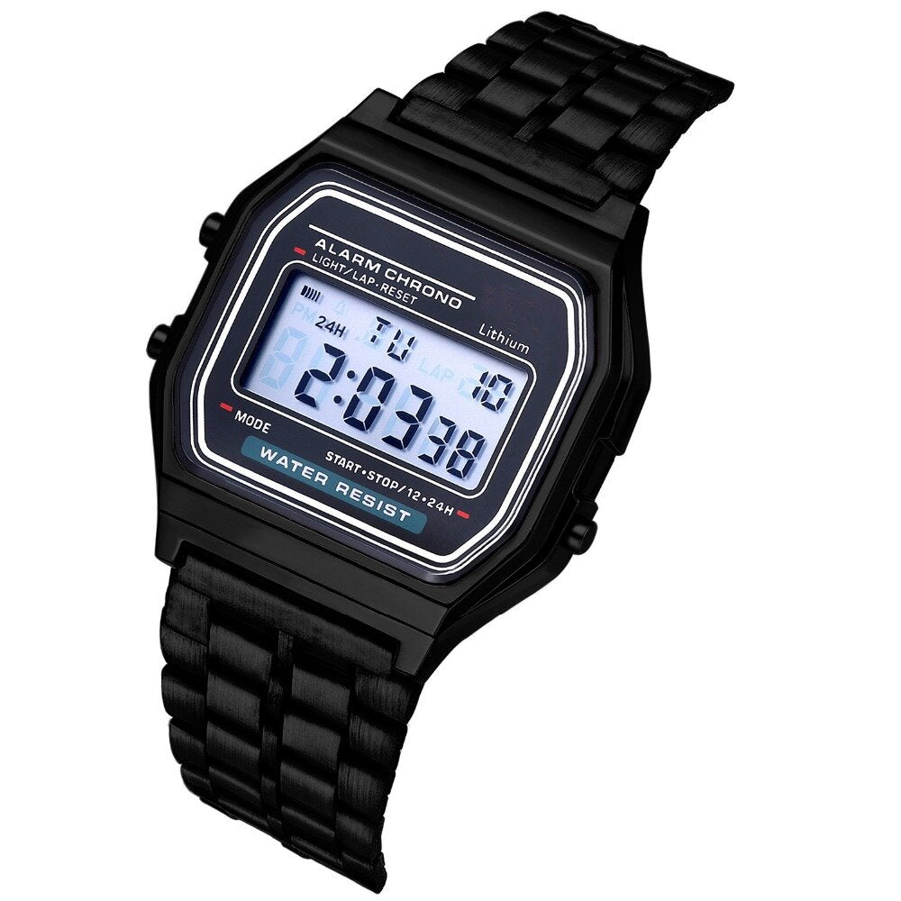 Fashion Casual 12/24 Hour LED Display Countdown Stopwatch Steel Strap Waterproof Women Digital Watch