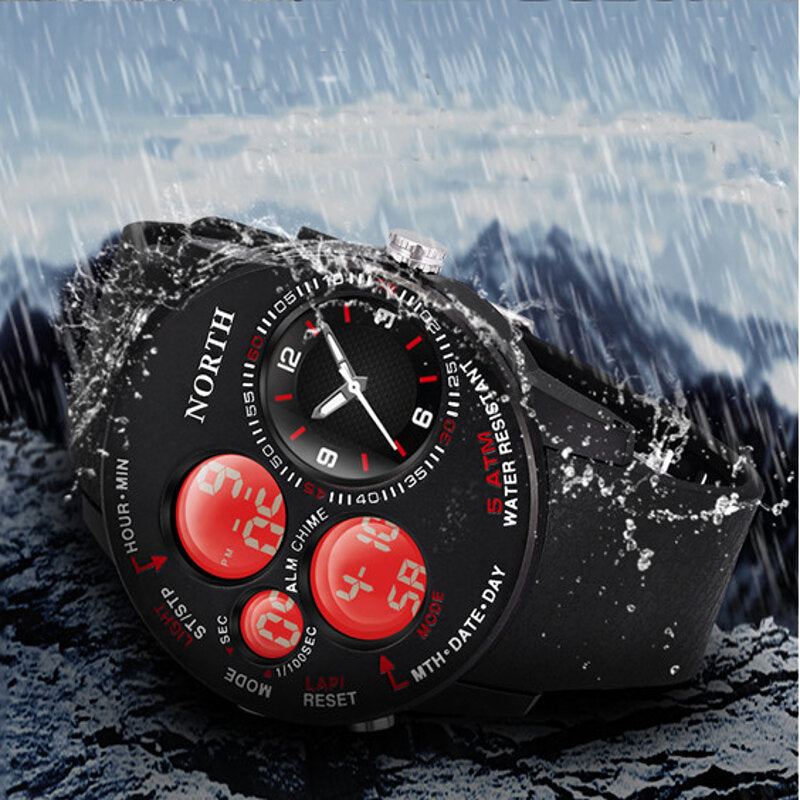 Casual Men Digital Watch 5ATM Waterproof Luminous Week Date Display Stopwatch Dual Display Watch