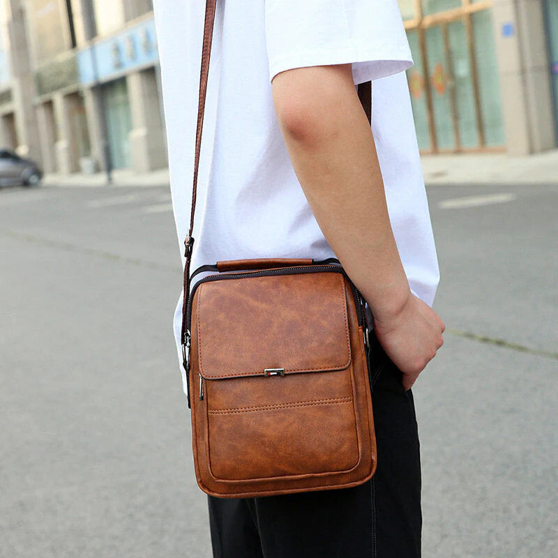 Men's Vintage PU Leather Crossbody Bag - Large Capacity, Zipper Decor, Shoulder Handbag