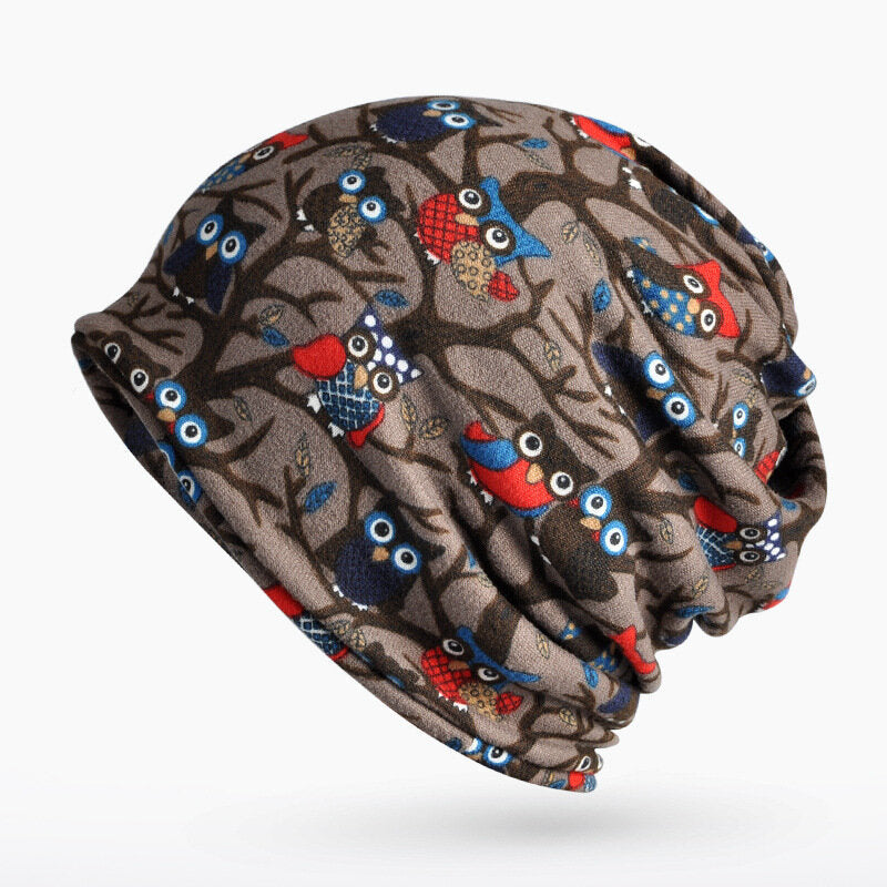 Women's Owl Pattern Slouchy Beanie Cap & Scarf, Multi-Function, Double Layer, Windproof, Warm Hat