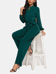 Women Solid Color Long Sleeve Waist Belt Stand Collar Plus Size Jumpsuit