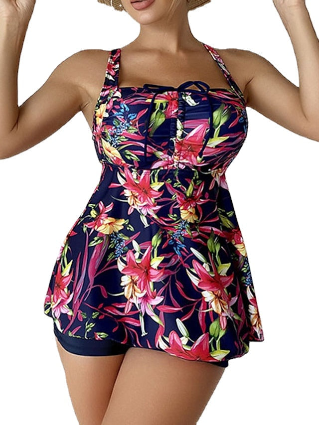 Plus Size Floral Tankini Swim Dress - Women's Open Back Camisole Swimsuit for Vacation