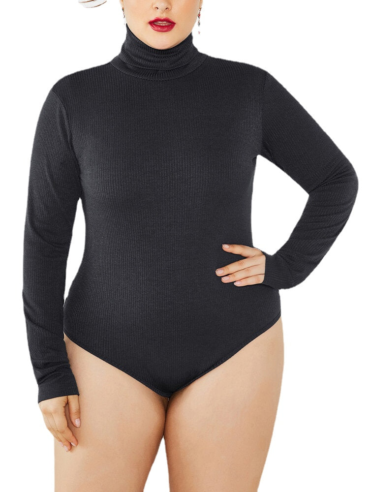 Plus Size Women Rib-Knit High Neck Long Sleeve Bodysuit Solid Basic Jumpsuits