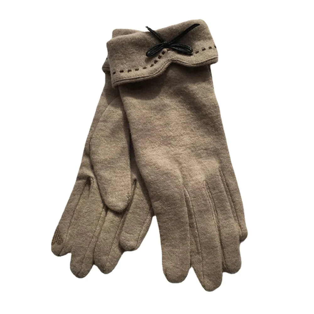 Women's Wool Touchscreen Gloves with Embroidery & Bowknot - Warm & Fashionable