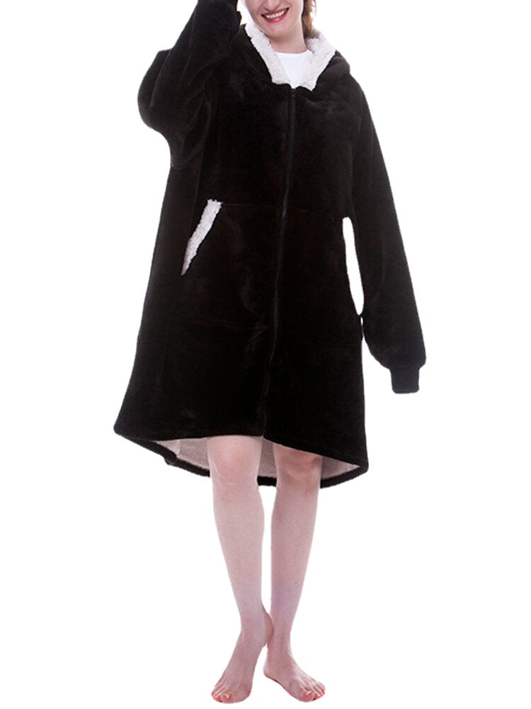 Women's Plush Oversized Blanket Hoodie with Zipper & Kangaroo Pocket - Warm Sleepwear Robe