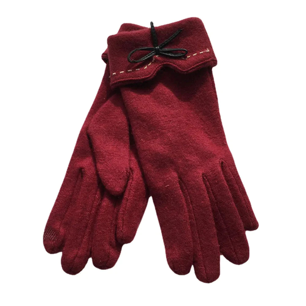 Women's Wool Touchscreen Gloves with Embroidery & Bowknot - Warm & Fashionable