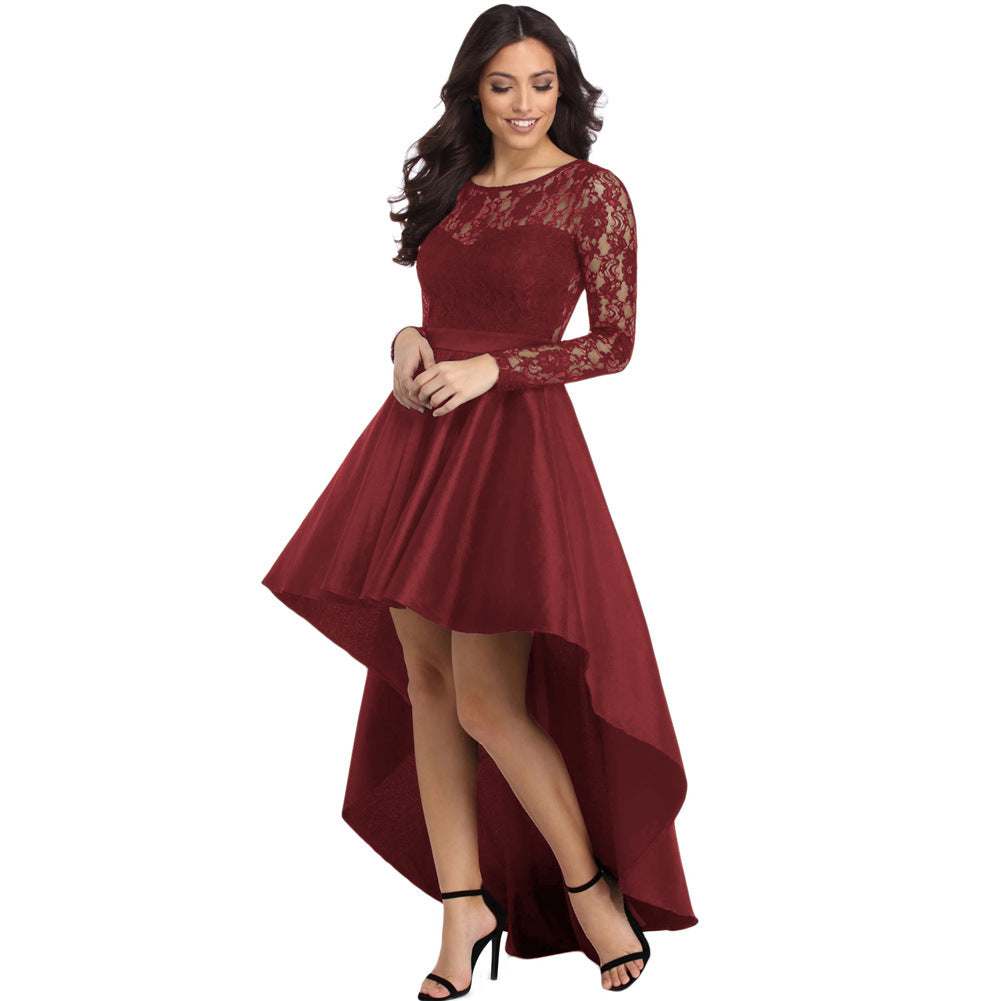 Asymmetric Lace Satin Dress - Long Sleeve, Solid Color, Printed Design