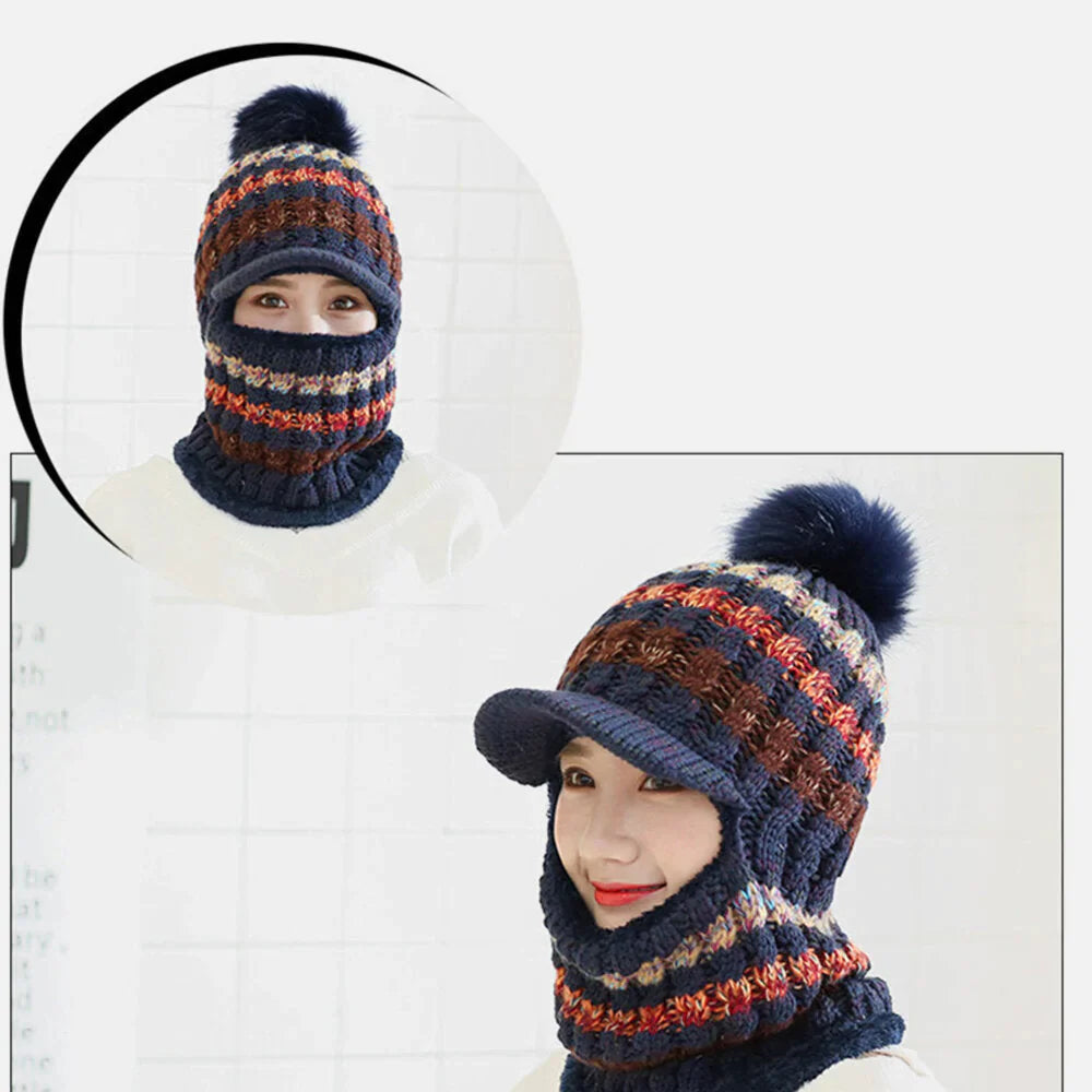 Women's Wool Knitted Hat: Warm, Windproof, Plus Velvet, Neck & Face Protection for Riding