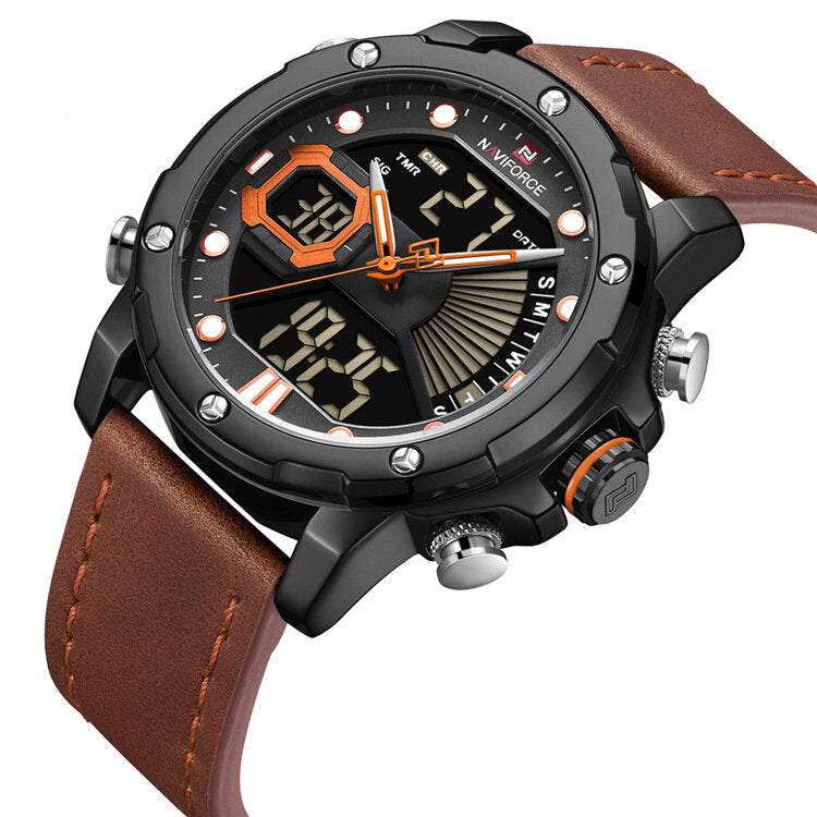 Casual Luminous Pointer Calendar Alarm Stopwatch Dual Time Display Genuine Leather Strap 3ATM Waterproof Men Watch