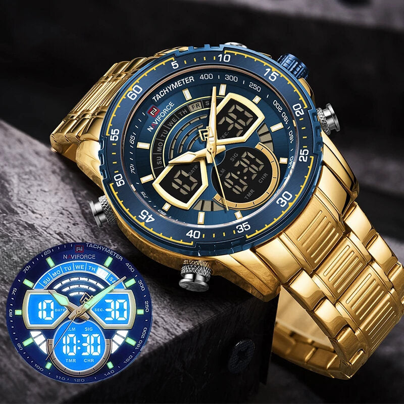 Casual Men Digital Watch Luminous Pointer with Calendar Dial Stainless Steel Strap 3ATM Waterproof Dual Display Watch