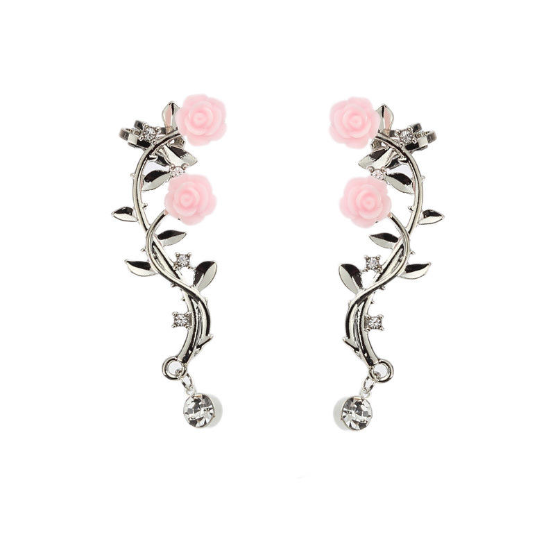 Elegant Pink Flower Womens Cuff Earring Silver Gold Color Piercing Clip Earrings