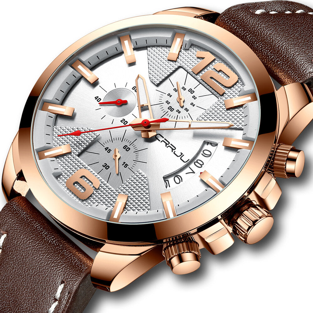 Men Luminous Display Calendar Chronograph Leather Strap Quartz Watch