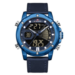 Casual Luminous Pointer Calendar Alarm Stopwatch Dual Time Display Genuine Leather Strap 3ATM Waterproof Men Watch