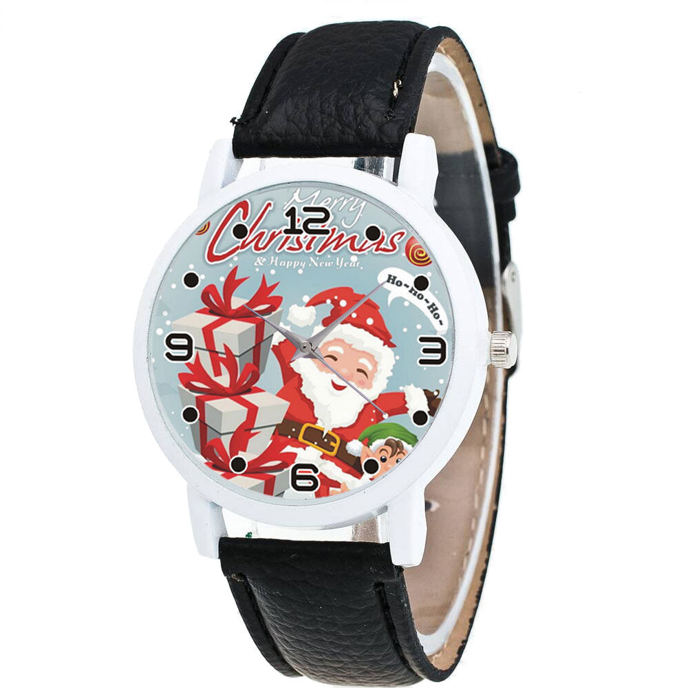 Christmas Santa Claus with Gift Pattern Cute Watch Leather Strap Men Women Quartxz Watch