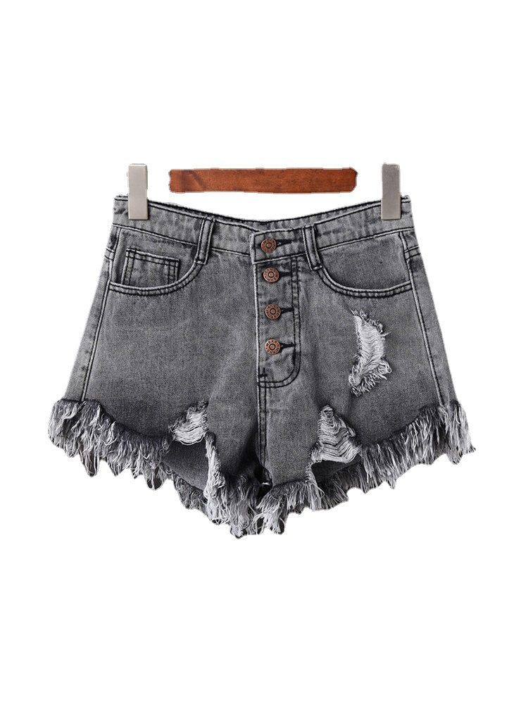 Women Button Up Pocket Loose Hollow Ripped Denim Shorts