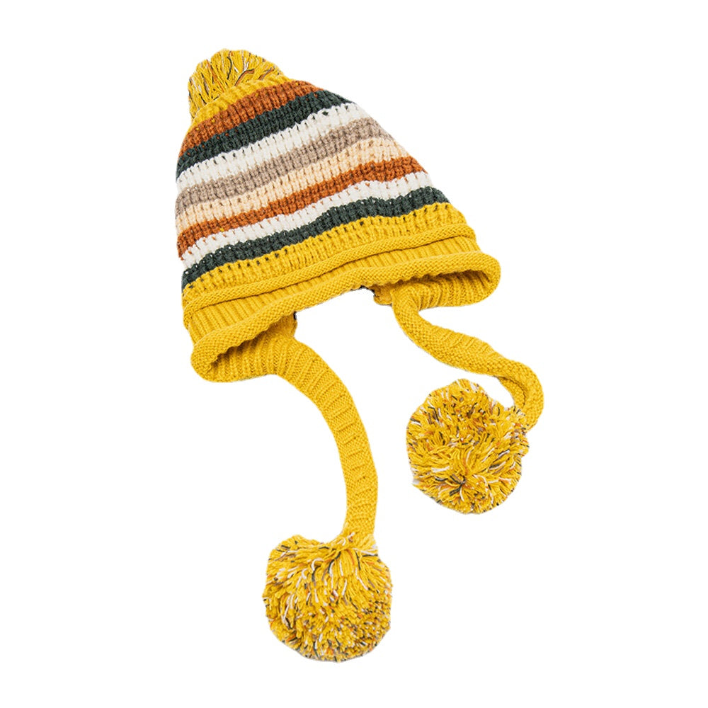 Women's Knitted Velvet Ear Protection Striped Fur Ball Warm Beanie Hat