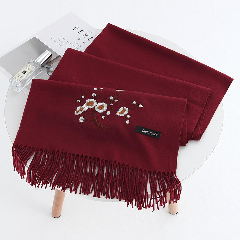 Elegant Plum Embroidery Tassel Scarf Shawl for Women - Winter Ethnic Style