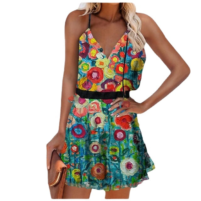Women's Dot Sleeveless Floral Print V Neck Casual Boho Dress