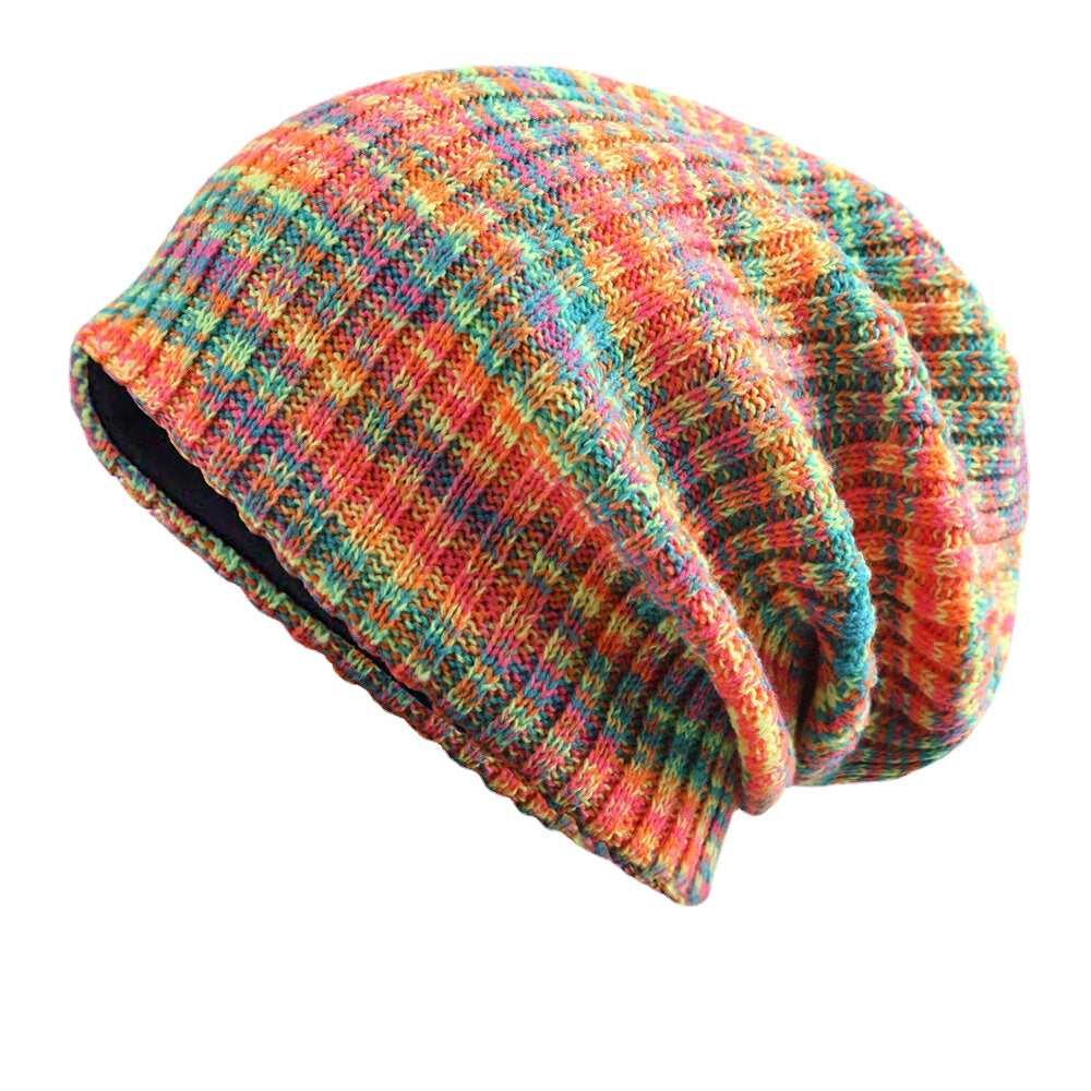 Unisex Rainbow Striped Woolen Beanie - Thick, Warm, Velvet-Lined Hat