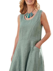 Women's Crew Neck Sleeveless Solid Color Ruched Casual Modern Linen Dress