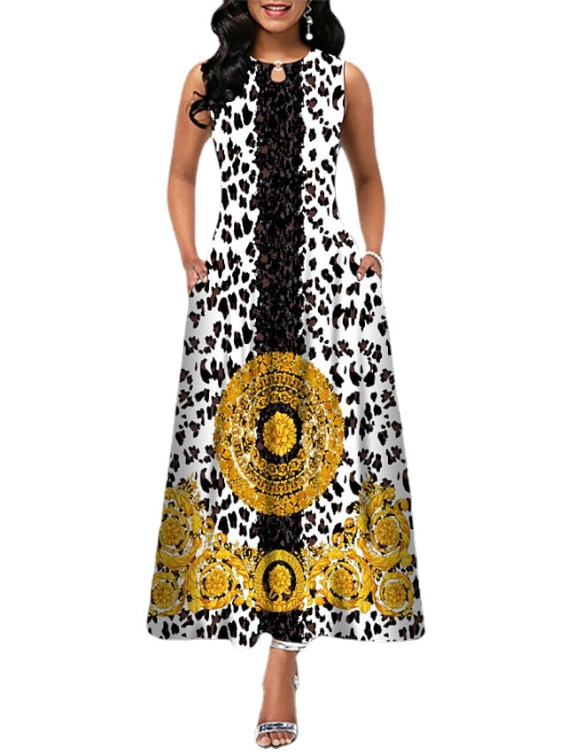 Women's Sleeveless Floral Crew Neck Casual Loose Fit Long Dress With Pocket