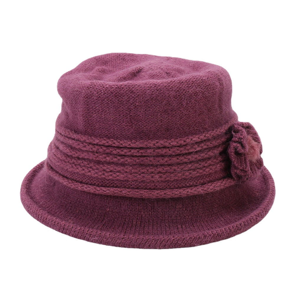 Women's Warm Knitted Bucket Hat with Flower Decoration