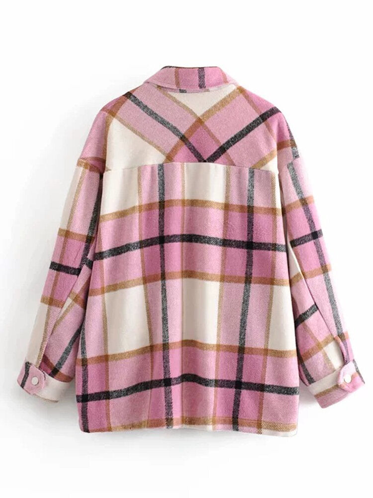 Women Plaid Button Front Lapel Long Sleeve Casual Coats With Multi Pocket