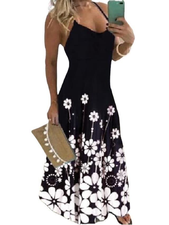 Women's Sleeveless Floral Print Deep U Vacation Strap Long Dress