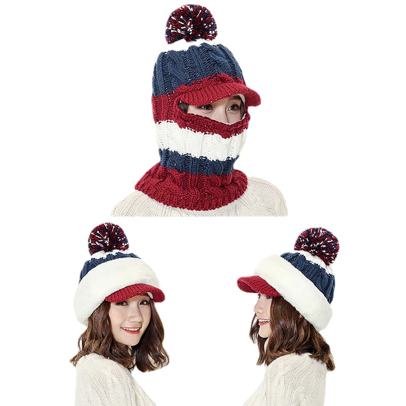 Women's Windproof Velvet Knit Beanie with Earmuffs - Warm Patchwork Ski Cap