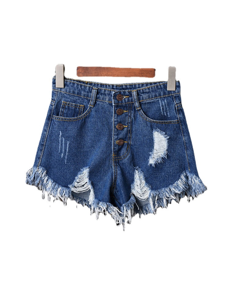 Women Button Up Pocket Loose Hollow Ripped Denim Shorts