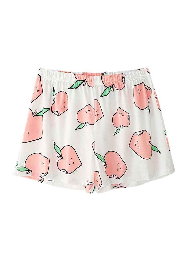 Women's Peach Print Pajama Set - Short Sleeve, Elastic Waist, Casual Homewear