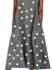 Women's Sleeveless Polka Dot Print Crew Neck Dress With Pocket