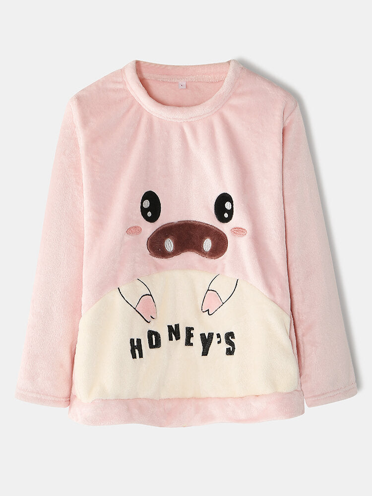 Women's Pig Graphic Flannel Pajama Set - Long Sleeve Sweatshirt & Elastic Waist Pants