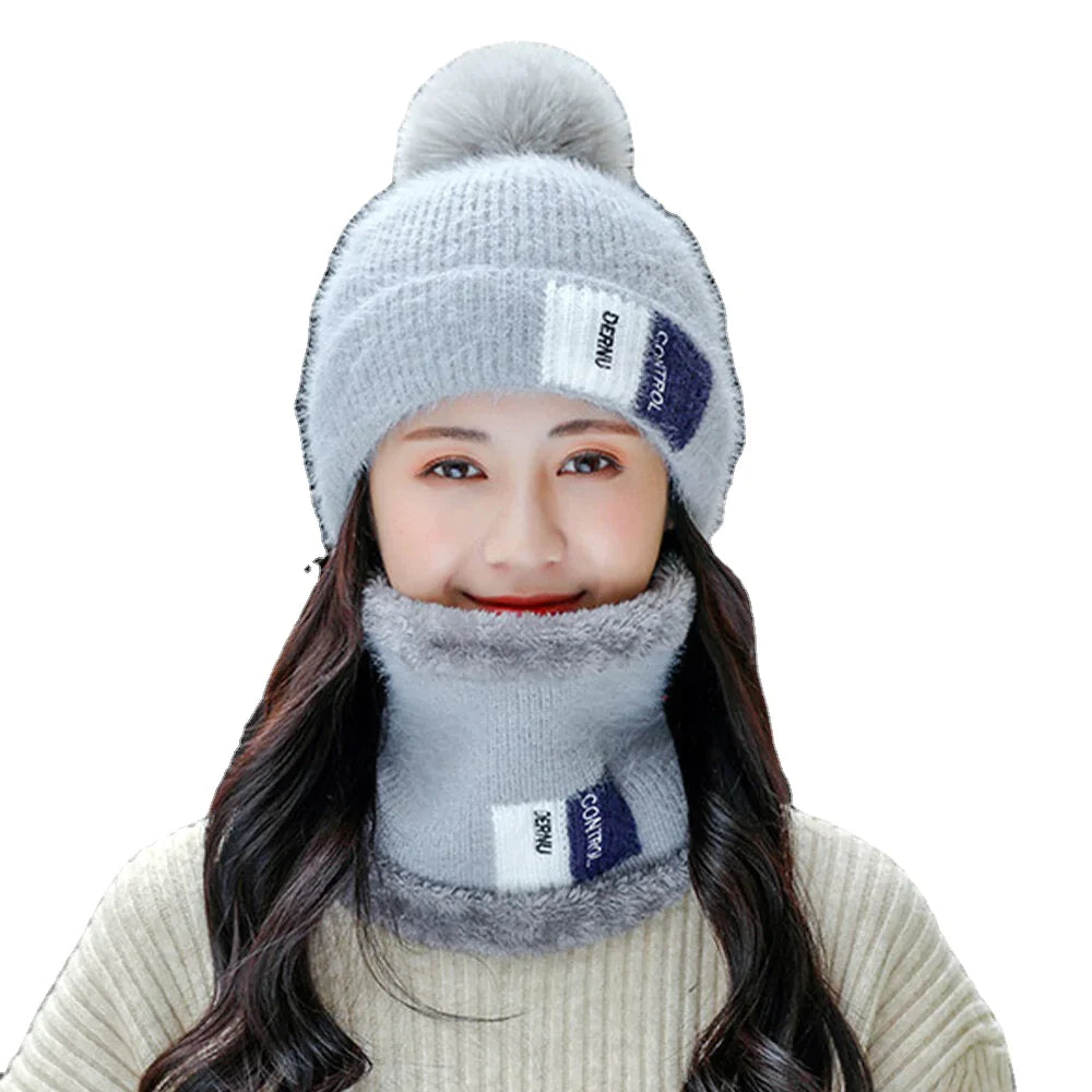 Unisex 2PCS Warm Windproof Knitted Hat & Scarf Set - Plus Velvet, Winter Neck & Face Protection