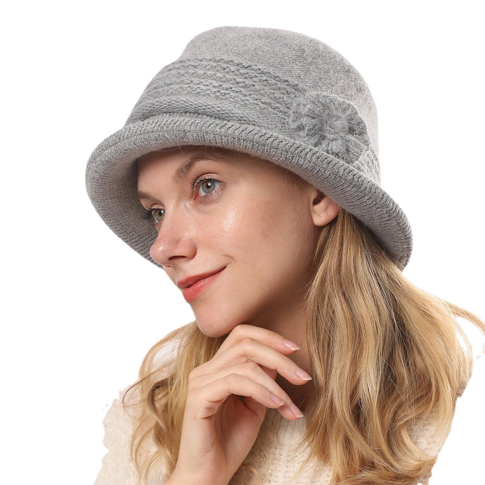 Women's Warm Knitted Bucket Hat with Flower Decoration