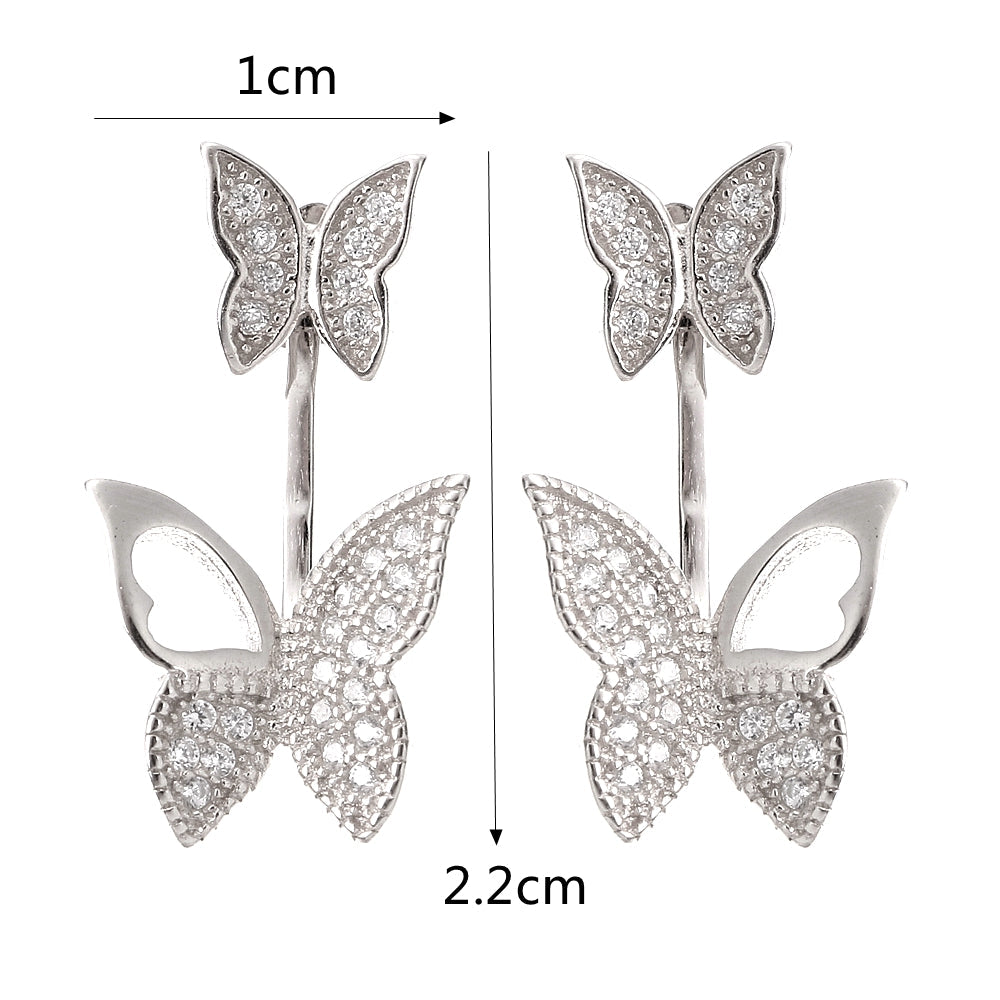 Sweet 925 Sterling Silver Rose Gold Earrings Full Zirconia Butterfly Piercing Ear Stud for Women