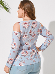 Plus Size Cold Shoulder Floral Print Twist Long Sleeves Tee