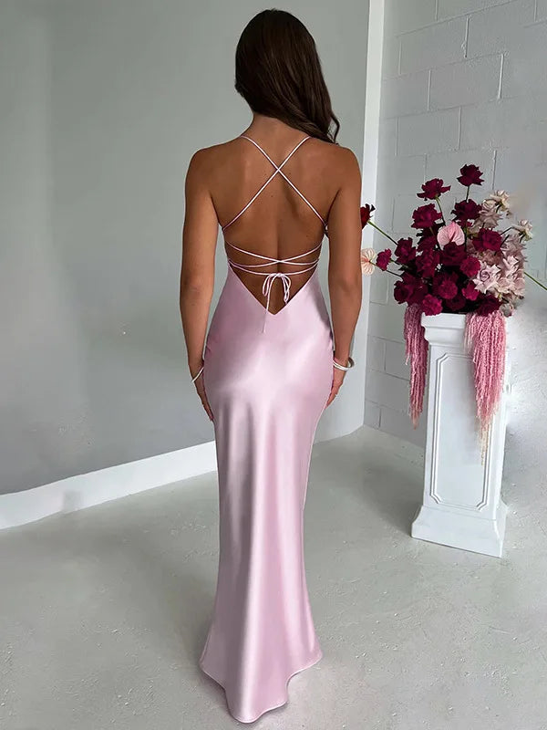 Sexy Spaghetti Strap Bodycon Satin Dress With Open Back Lace Up Female Long Dress Elegant Party Club Evening Dress