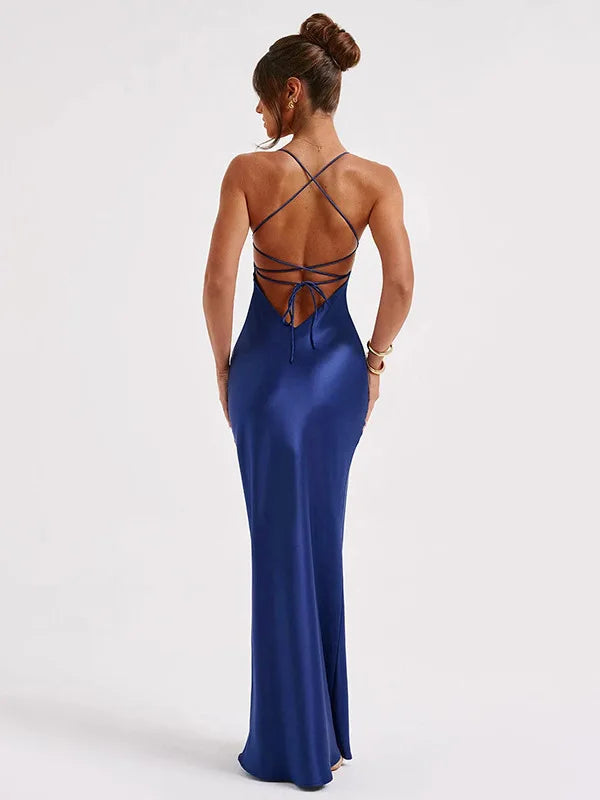 Sexy Spaghetti Strap Bodycon Satin Dress With Open Back Lace Up Female Long Dress Elegant Party Club Evening Dress