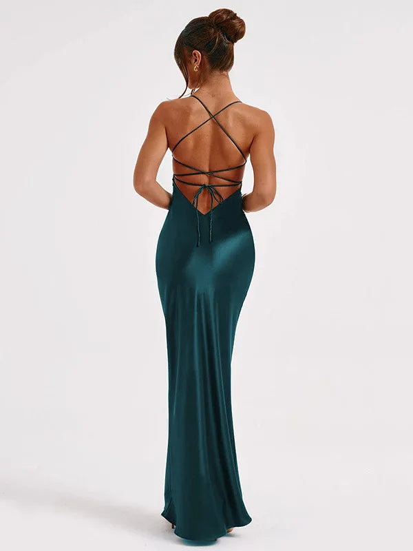 Sexy Spaghetti Strap Bodycon Satin Dress With Open Back Lace Up Female Long Dress Elegant Party Club Evening Dress